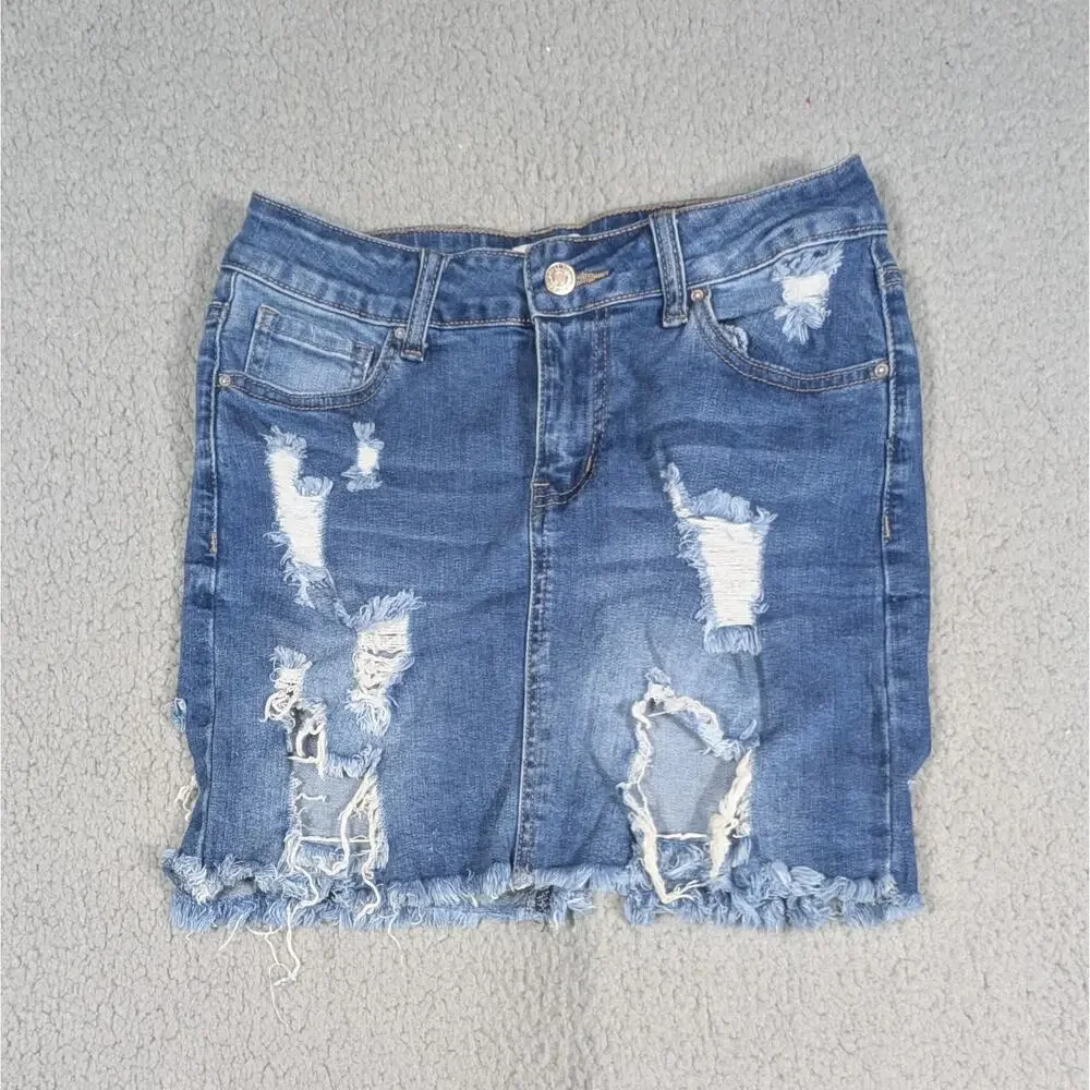 Forever 21 Denim Skirt Size 27 Distressed Micro Miniskirt Raw Hem Grunge Y2K